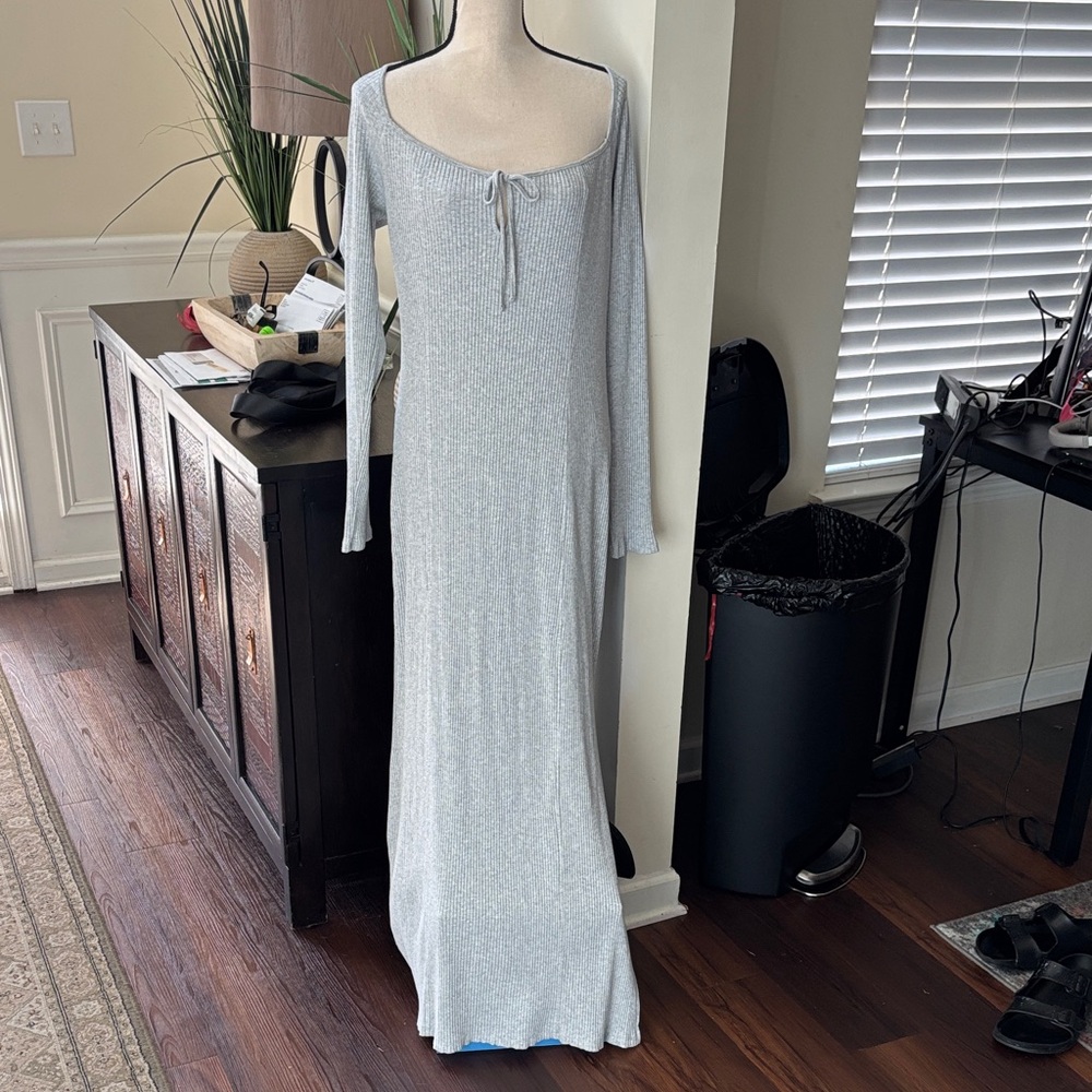 Aerie Gray Heather Ribbed Long Sleeve Dress with Slit size Large